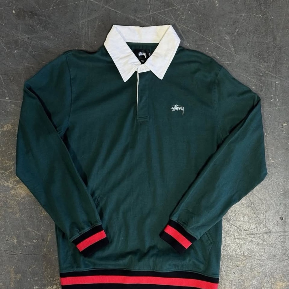 Stussy Dark Green Long Sleeve Shirt with White Collar